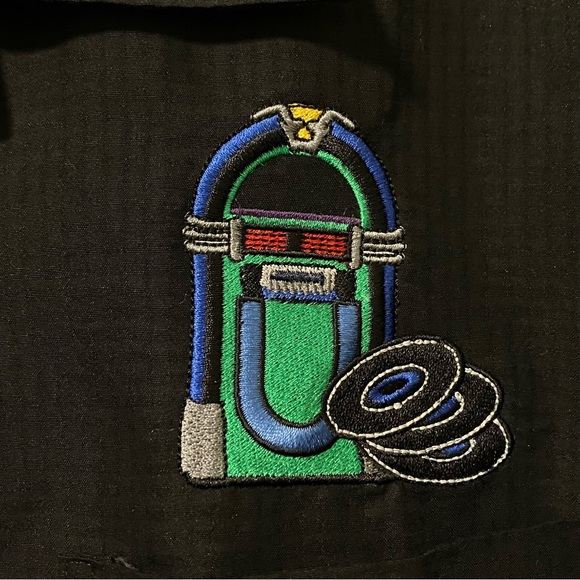 Harriton Embroidered Jukebox Vinyl Richie King Of Burgh Black Button Down Shirt - Picture 3 of 7